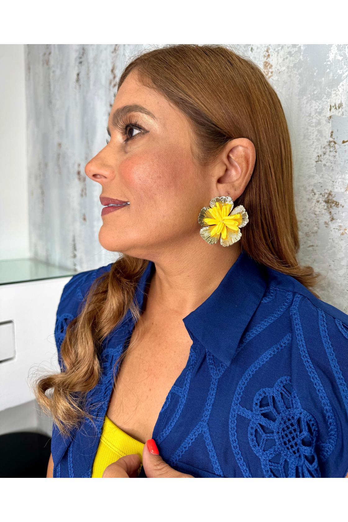 Gold Textured Floral Statement Earrings